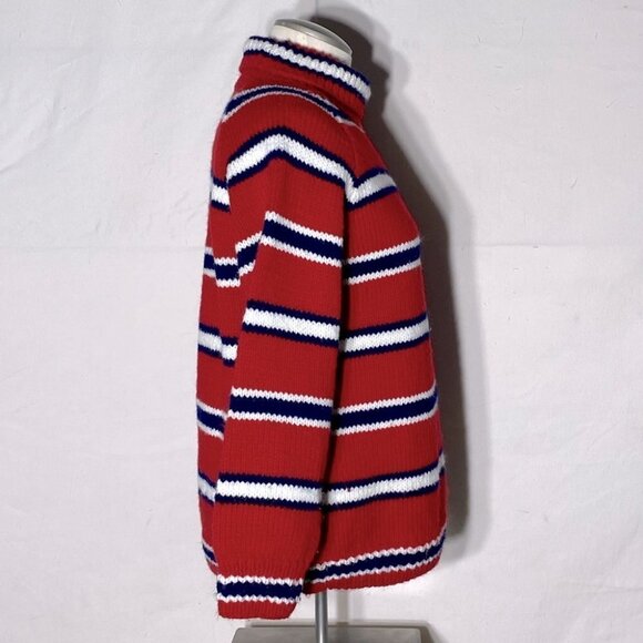 Handmade Knit Red White Blue Striped Turtleneck Sweater M - Picture 5 of 10